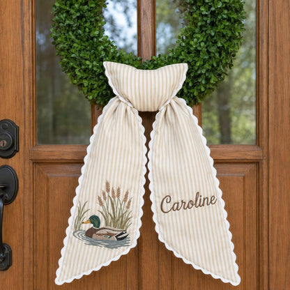 Embroidered Mallard Duck Wreath Sash, Custom Monogram Door Bow, Personalized Hunting Gift, Fall Front Door Decor