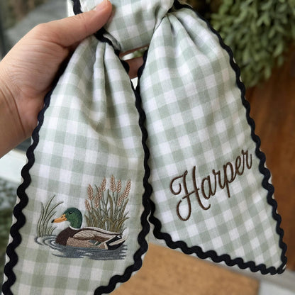Embroidered Mallard Duck Wreath Sash, Custom Monogram Door Bow, Personalized Hunting Gift, Fall Front Door Decor