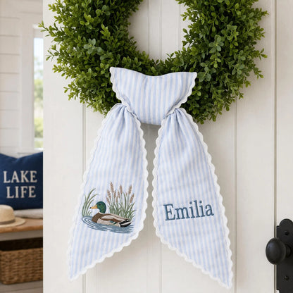 Embroidered Mallard Duck Wreath Sash, Custom Monogram Door Bow, Personalized Hunting Gift, Fall Front Door Decor