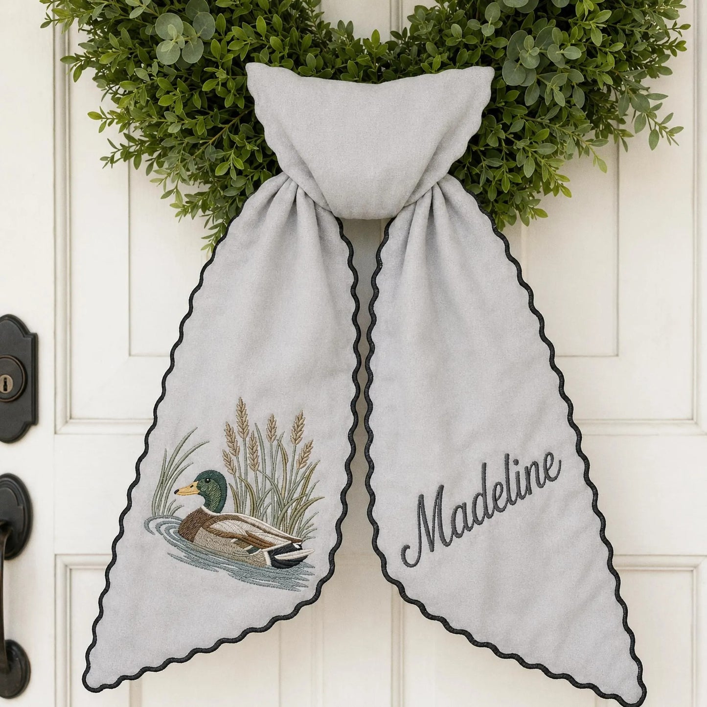 Embroidered Mallard Duck Wreath Sash, Custom Monogram Door Bow, Personalized Hunting Gift, Fall Front Door Decor