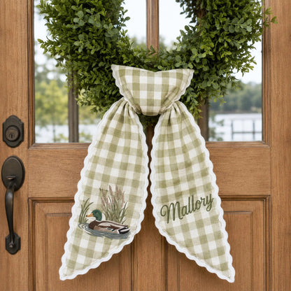 Embroidered Mallard Duck Wreath Sash, Custom Monogram Door Bow, Personalized Hunting Gift, Fall Front Door Decor