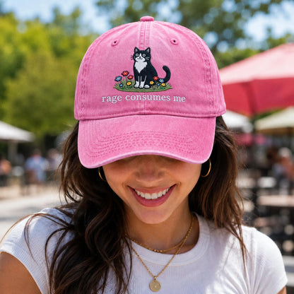 Embroidered Rage Consumes Me Cat Hat, Funny Floral Cat Meme Cap, Weirdcore Dad Hat, Sarcastic Kitten Gift, Aesthetic Unhinged Cat Mom