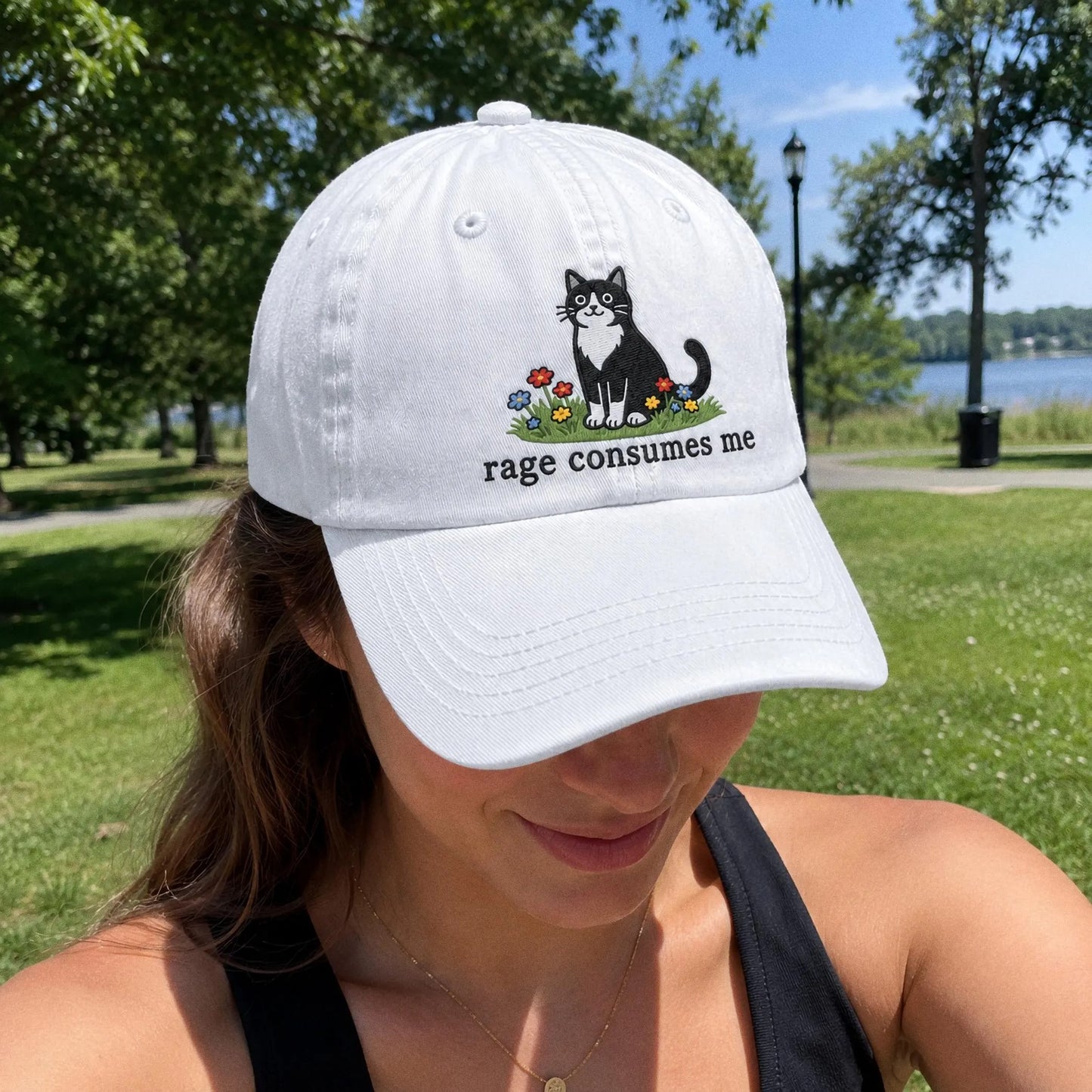 Embroidered Rage Consumes Me Cat Hat, Funny Floral Cat Meme Cap, Weirdcore Dad Hat, Sarcastic Kitten Gift, Aesthetic Unhinged Cat Mom