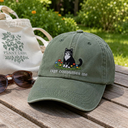 Embroidered Rage Consumes Me Cat Hat, Funny Floral Cat Meme Cap, Weirdcore Dad Hat, Sarcastic Kitten Gift, Aesthetic Unhinged Cat Mom