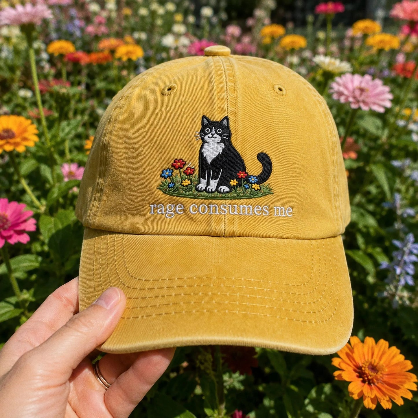 Embroidered Rage Consumes Me Cat Hat, Funny Floral Cat Meme Cap, Weirdcore Dad Hat, Sarcastic Kitten Gift, Aesthetic Unhinged Cat Mom