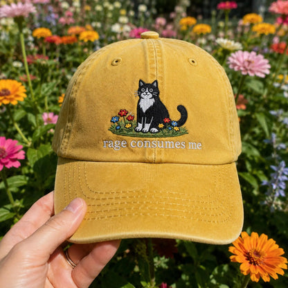 Embroidered Rage Consumes Me Cat Hat, Funny Floral Cat Meme Cap, Weirdcore Dad Hat, Sarcastic Kitten Gift, Aesthetic Unhinged Cat Mom