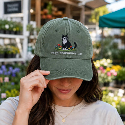 Embroidered Rage Consumes Me Cat Hat, Funny Floral Cat Meme Cap, Weirdcore Dad Hat, Sarcastic Kitten Gift, Aesthetic Unhinged Cat Mom