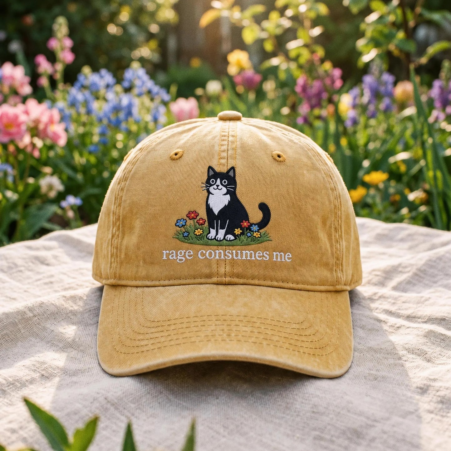 Embroidered Rage Consumes Me Cat Hat, Funny Floral Cat Meme Cap, Weirdcore Dad Hat, Sarcastic Kitten Gift, Aesthetic Unhinged Cat Mom