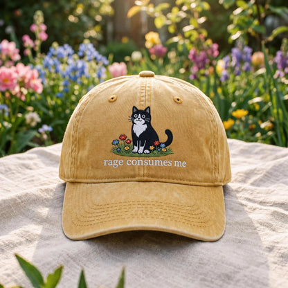Embroidered Rage Consumes Me Cat Hat, Funny Floral Cat Meme Cap, Weirdcore Dad Hat, Sarcastic Kitten Gift, Aesthetic Unhinged Cat Mom
