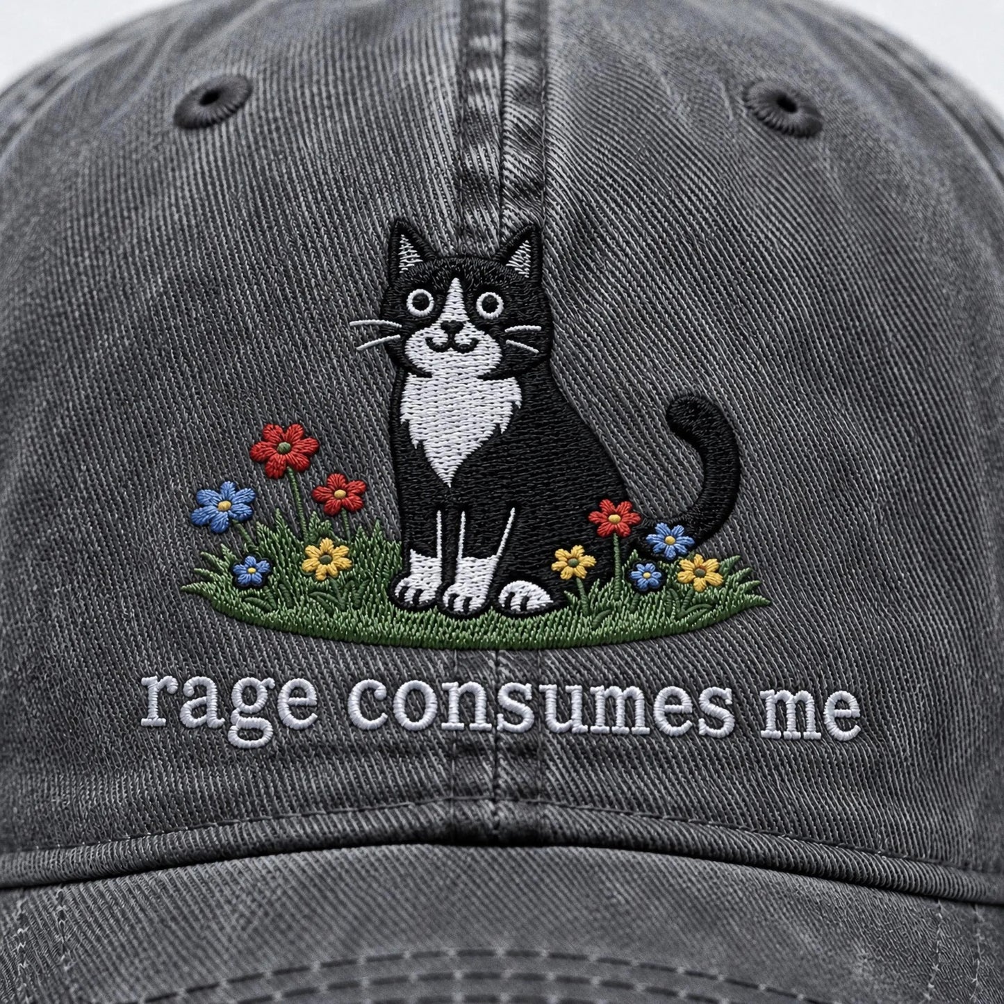 Embroidered Rage Consumes Me Cat Hat, Funny Floral Cat Meme Cap, Weirdcore Dad Hat, Sarcastic Kitten Gift, Aesthetic Unhinged Cat Mom