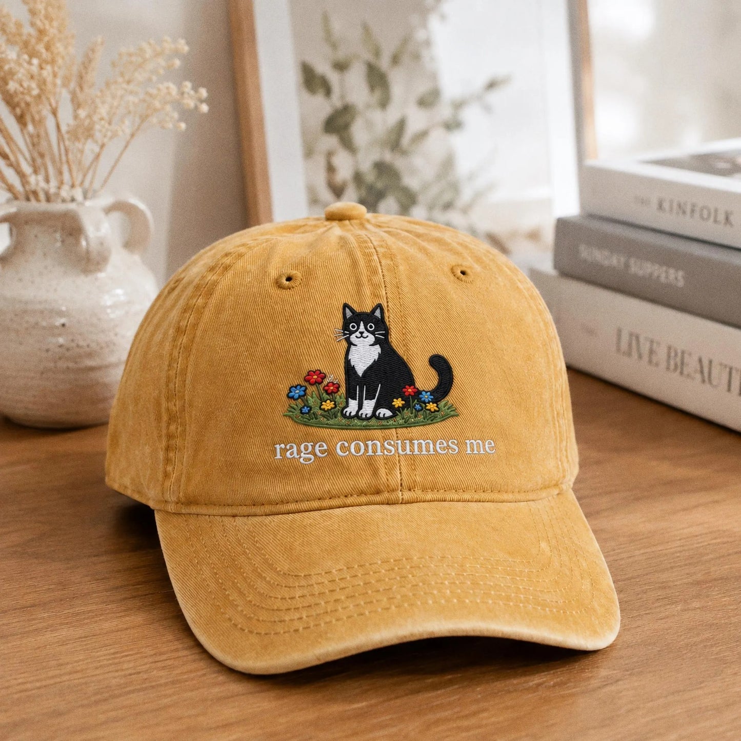 Embroidered Rage Consumes Me Cat Hat, Funny Floral Cat Meme Cap, Weirdcore Dad Hat, Sarcastic Kitten Gift, Aesthetic Unhinged Cat Mom