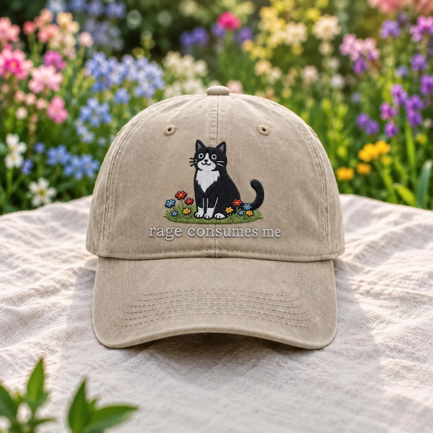 Embroidered Rage Consumes Me Cat Hat, Funny Floral Cat Meme Cap, Weirdcore Dad Hat, Sarcastic Kitten Gift, Aesthetic Unhinged Cat Mom