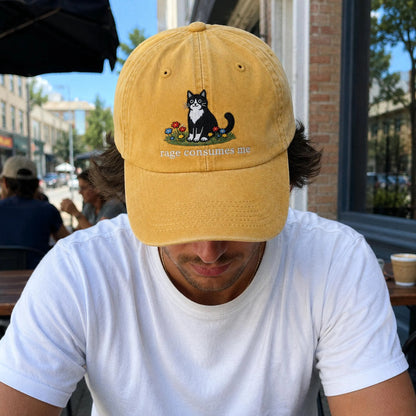 Embroidered Rage Consumes Me Cat Hat, Funny Floral Cat Meme Cap, Weirdcore Dad Hat, Sarcastic Kitten Gift, Aesthetic Unhinged Cat Mom