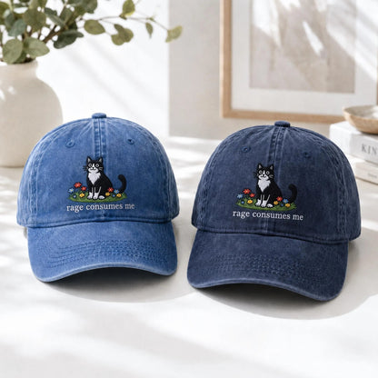Embroidered Rage Consumes Me Cat Hat, Funny Floral Cat Meme Cap, Weirdcore Dad Hat, Sarcastic Kitten Gift, Aesthetic Unhinged Cat Mom