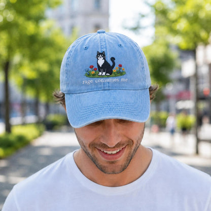 Embroidered Rage Consumes Me Cat Hat, Funny Floral Cat Meme Cap, Weirdcore Dad Hat, Sarcastic Kitten Gift, Aesthetic Unhinged Cat Mom