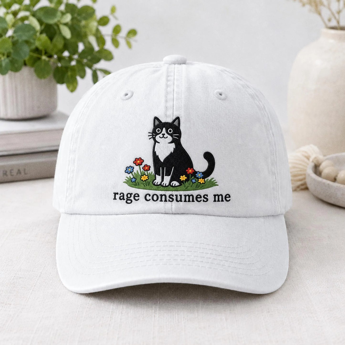Embroidered Rage Consumes Me Cat Hat, Funny Floral Cat Meme Cap, Weirdcore Dad Hat, Sarcastic Kitten Gift, Aesthetic Unhinged Cat Mom