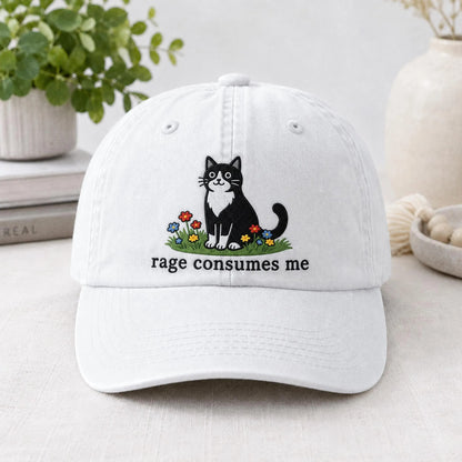 Embroidered Rage Consumes Me Cat Hat, Funny Floral Cat Meme Cap, Weirdcore Dad Hat, Sarcastic Kitten Gift, Aesthetic Unhinged Cat Mom