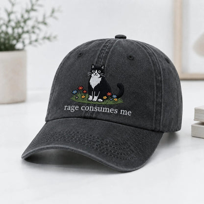 Embroidered Rage Consumes Me Cat Hat, Funny Floral Cat Meme Cap, Weirdcore Dad Hat, Sarcastic Kitten Gift, Aesthetic Unhinged Cat Mom