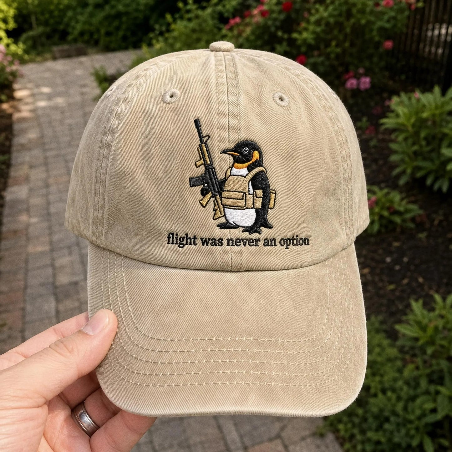 Flight Was Never An Option Hat, Embroidered Penguin Cap, Vintage Wash Dad Hat, Funny Meme Hat, Tactical Penguin, Sarcastic Gift For Him