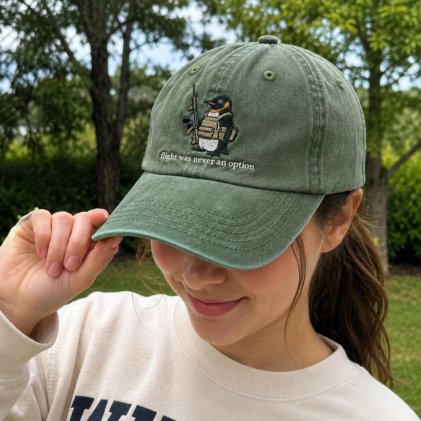 Flight Was Never An Option Hat, Embroidered Penguin Cap, Vintage Wash Dad Hat, Funny Meme Hat, Tactical Penguin, Sarcastic Gift For Him