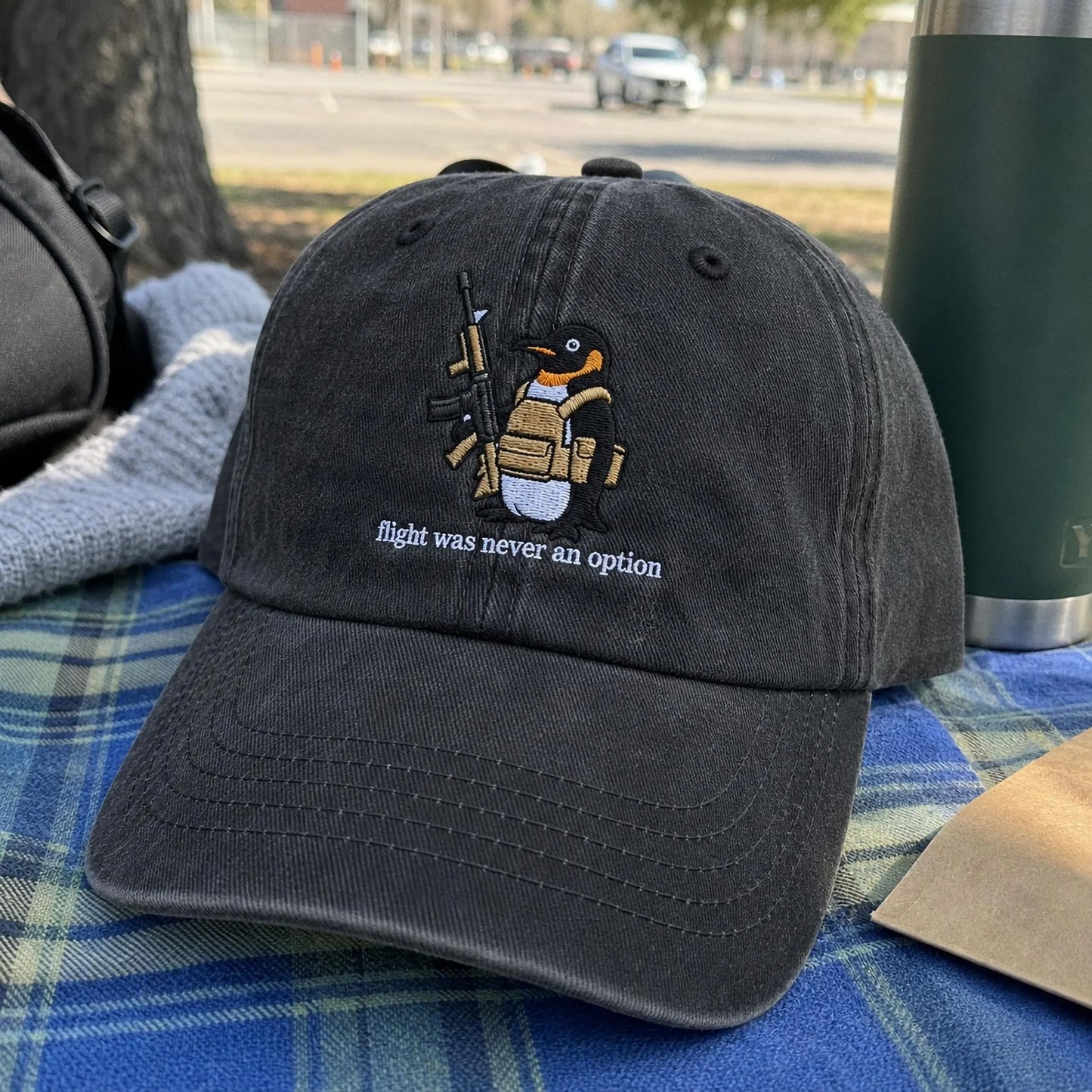 Flight Was Never An Option Hat, Embroidered Penguin Cap, Vintage Wash Dad Hat, Funny Meme Hat, Tactical Penguin, Sarcastic Gift For Him