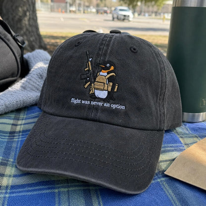 Flight Was Never An Option Hat, Embroidered Penguin Cap, Vintage Wash Dad Hat, Funny Meme Hat, Tactical Penguin, Sarcastic Gift For Him