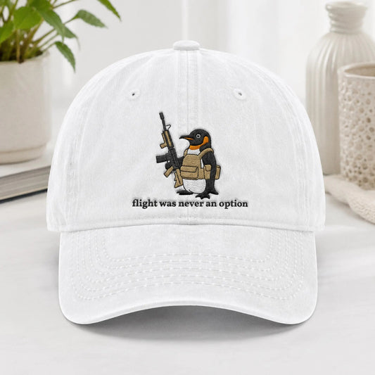 Flight Was Never An Option Hat, Embroidered Penguin Cap, Vintage Wash Dad Hat, Funny Meme Hat, Tactical Penguin, Sarcastic Gift For Him