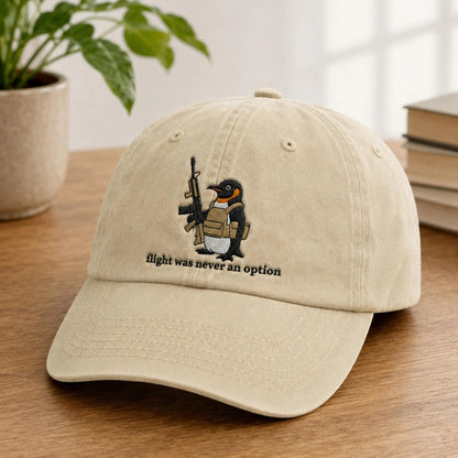 Flight Was Never An Option Hat, Embroidered Penguin Cap, Vintage Wash Dad Hat, Funny Meme Hat, Tactical Penguin, Sarcastic Gift For Him