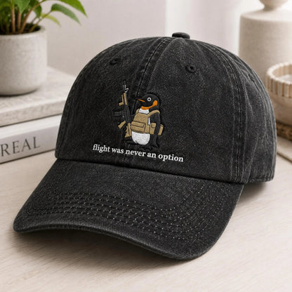 Flight Was Never An Option Hat, Embroidered Penguin Cap, Vintage Wash Dad Hat, Funny Meme Hat, Tactical Penguin, Sarcastic Gift For Him