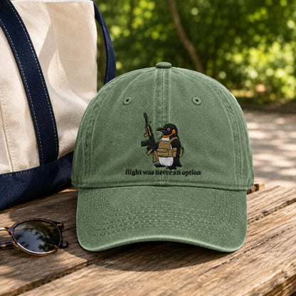 Flight Was Never An Option Hat, Embroidered Penguin Cap, Vintage Wash Dad Hat, Funny Meme Hat, Tactical Penguin, Sarcastic Gift For Him