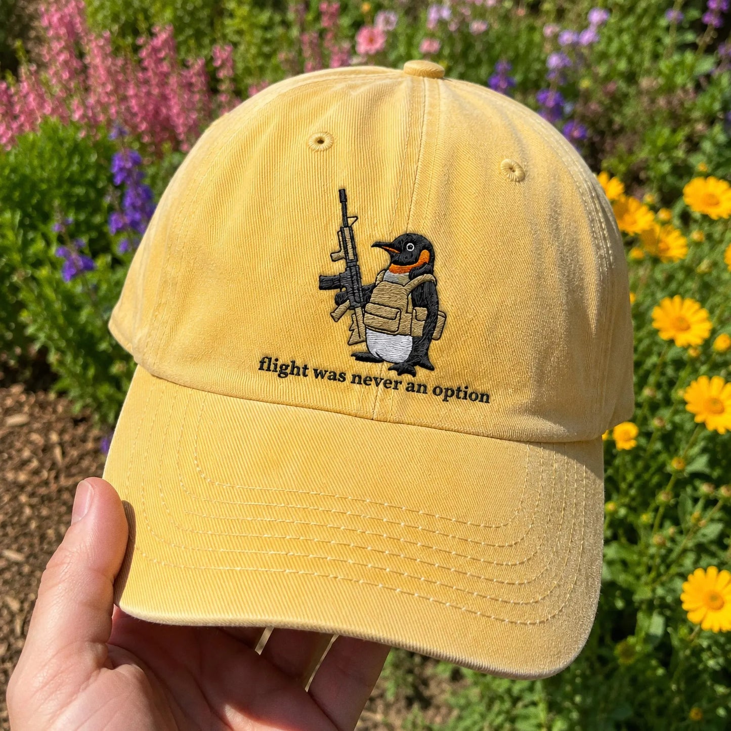 Flight Was Never An Option Hat, Embroidered Penguin Cap, Vintage Wash Dad Hat, Funny Meme Hat, Tactical Penguin, Sarcastic Gift For Him