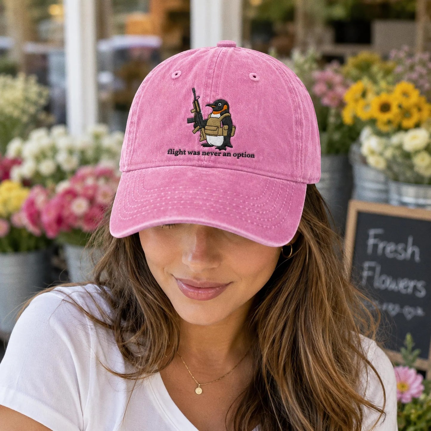 Flight Was Never An Option Hat, Embroidered Penguin Cap, Vintage Wash Dad Hat, Funny Meme Hat, Tactical Penguin, Sarcastic Gift For Him