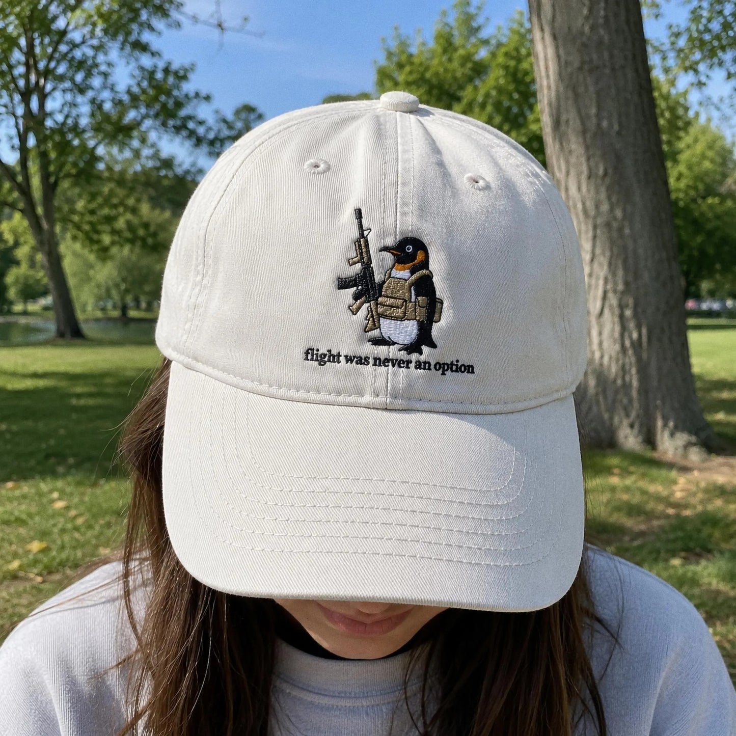 Flight Was Never An Option Hat, Embroidered Penguin Cap, Vintage Wash Dad Hat, Funny Meme Hat, Tactical Penguin, Sarcastic Gift For Him