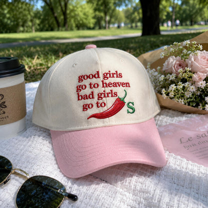 Good Girls Go To Heaven Bad Girls Go To Chili Embroidered Hat, Funny Sarcastic Cap, Foodie Gift, Embroidered Trucker Hat, Sassy Meme Hat