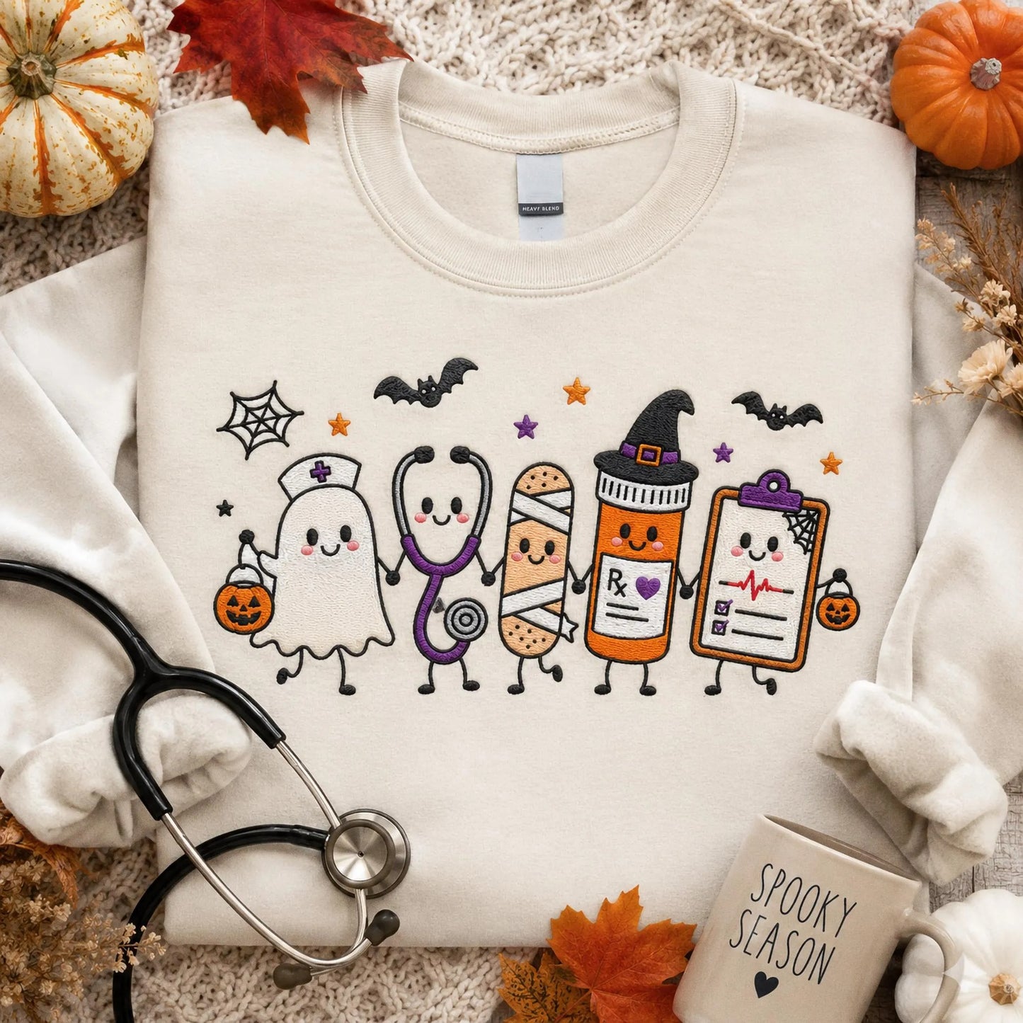 Halloween Nurse Embroidered Sweatshirt, Spooky Nurse Hoodie, Cute Ghost Nurse Shirt, RN Fall Crewneck, Embroidered Medical Gift