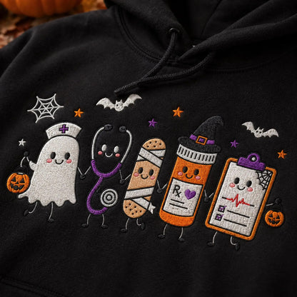 Halloween Nurse Embroidered Sweatshirt, Spooky Nurse Hoodie, Cute Ghost Nurse Shirt, RN Fall Crewneck, Embroidered Medical Gift