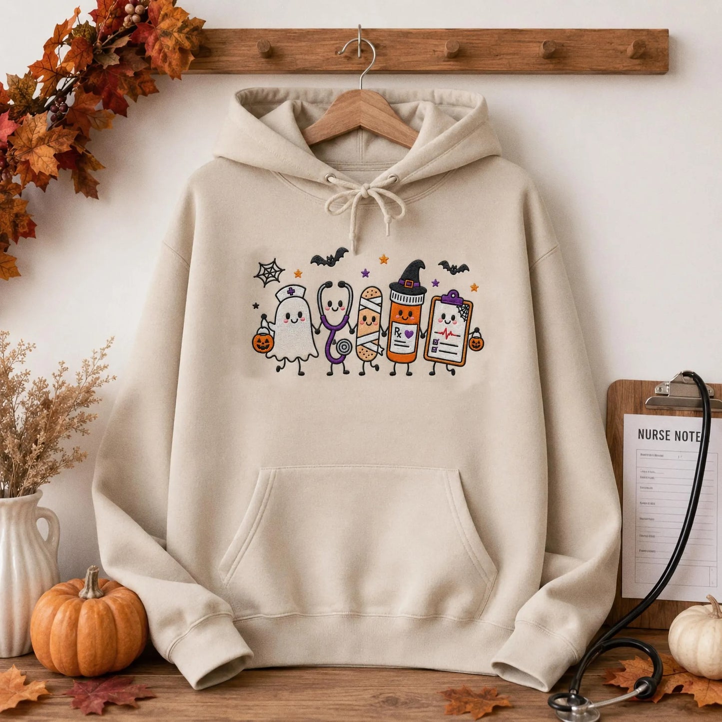 Halloween Nurse Embroidered Sweatshirt, Spooky Nurse Hoodie, Cute Ghost Nurse Shirt, RN Fall Crewneck, Embroidered Medical Gift