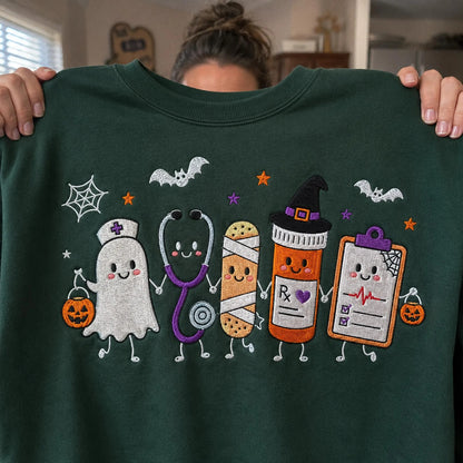 Halloween Nurse Embroidered Sweatshirt, Spooky Nurse Hoodie, Cute Ghost Nurse Shirt, RN Fall Crewneck, Embroidered Medical Gift