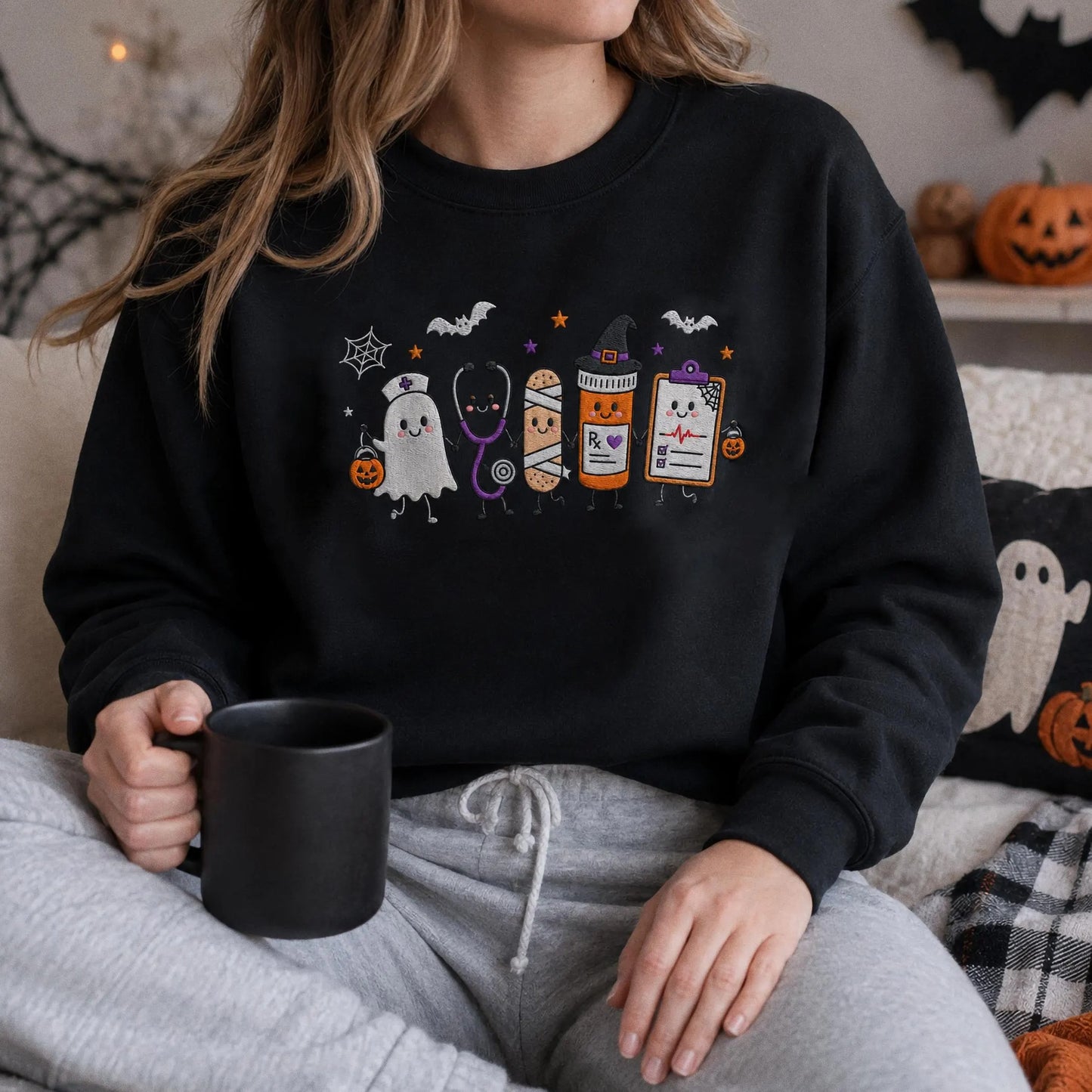 Halloween Nurse Embroidered Sweatshirt, Spooky Nurse Hoodie, Cute Ghost Nurse Shirt, RN Fall Crewneck, Embroidered Medical Gift