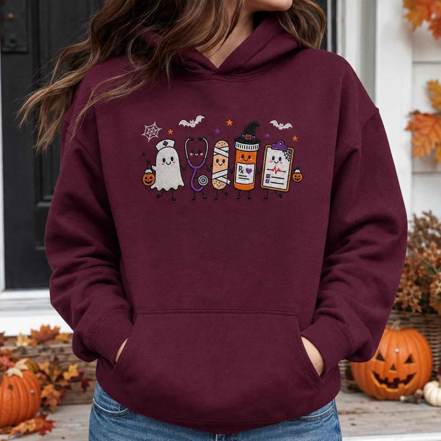 Halloween Nurse Embroidered Sweatshirt, Spooky Nurse Hoodie, Cute Ghost Nurse Shirt, RN Fall Crewneck, Embroidered Medical Gift