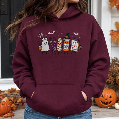 Halloween Nurse Embroidered Sweatshirt, Spooky Nurse Hoodie, Cute Ghost Nurse Shirt, RN Fall Crewneck, Embroidered Medical Gift