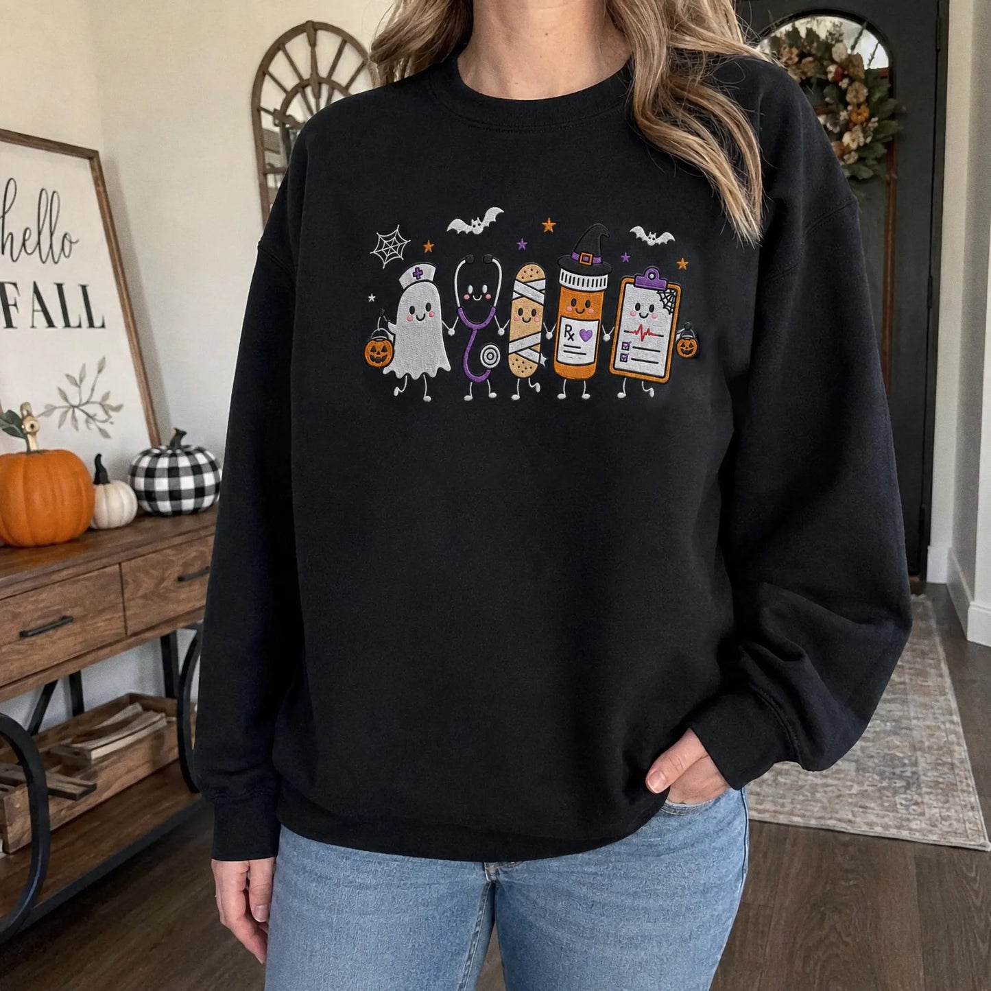 Halloween Nurse Embroidered Sweatshirt, Spooky Nurse Hoodie, Cute Ghost Nurse Shirt, RN Fall Crewneck, Embroidered Medical Gift