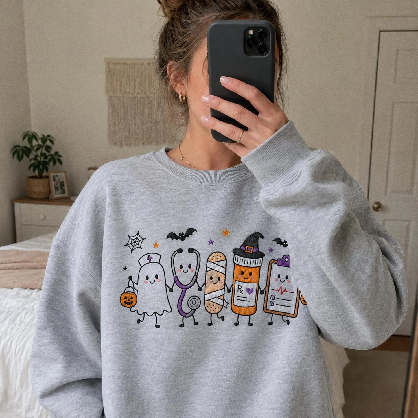 Halloween Nurse Embroidered Sweatshirt, Spooky Nurse Hoodie, Cute Ghost Nurse Shirt, RN Fall Crewneck, Embroidered Medical Gift