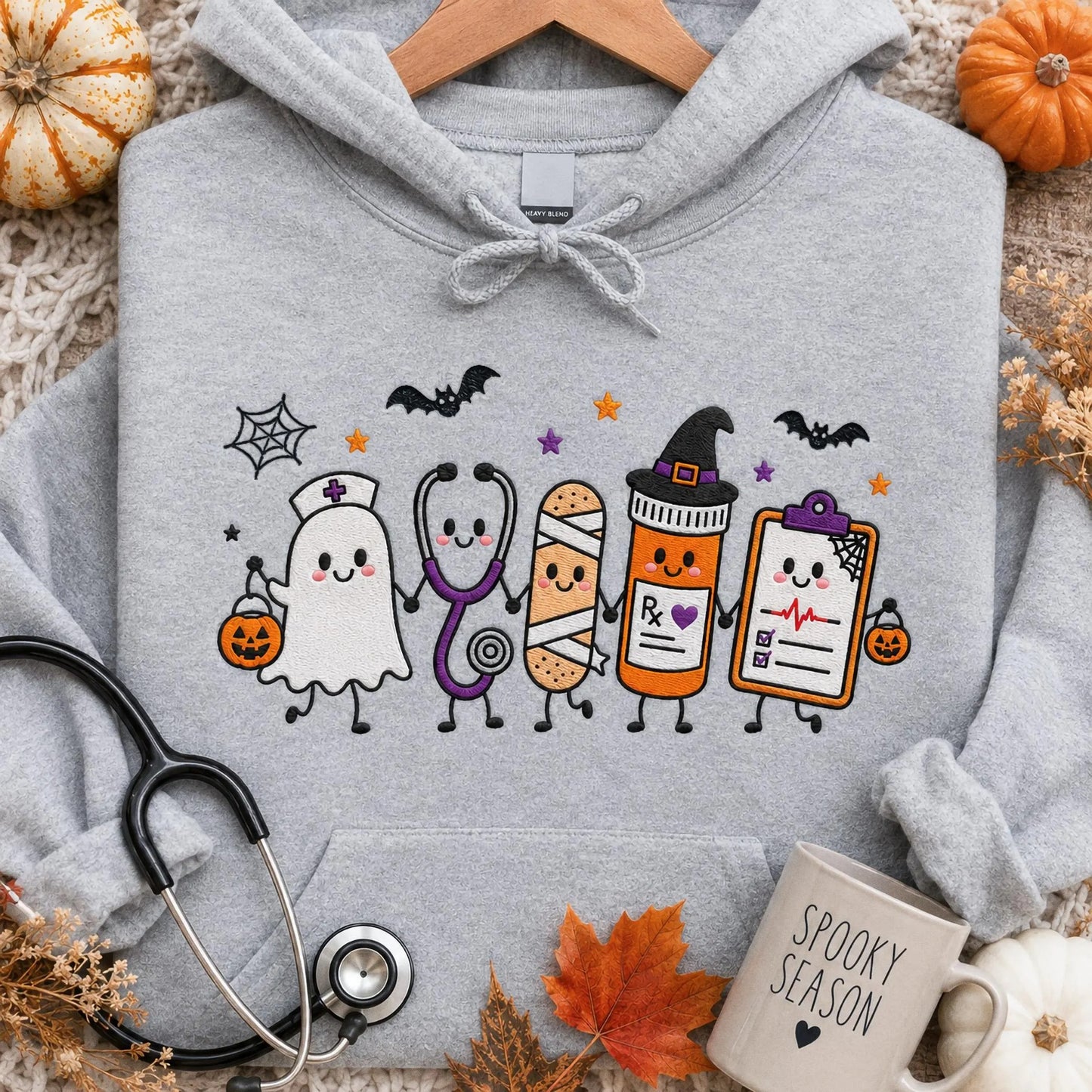 Halloween Nurse Embroidered Sweatshirt, Spooky Nurse Hoodie, Cute Ghost Nurse Shirt, RN Fall Crewneck, Embroidered Medical Gift
