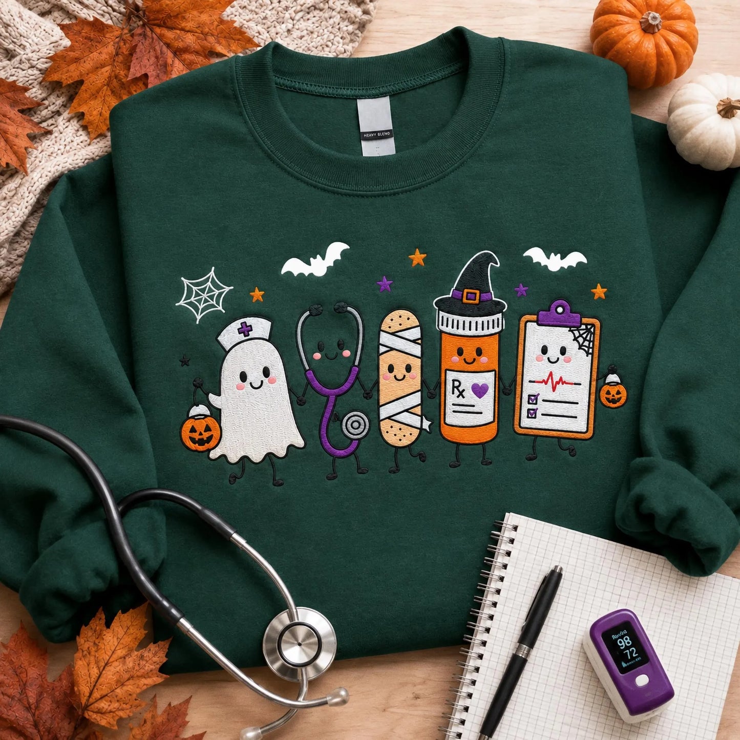 Halloween Nurse Embroidered Sweatshirt, Spooky Nurse Hoodie, Cute Ghost Nurse Shirt, RN Fall Crewneck, Embroidered Medical Gift