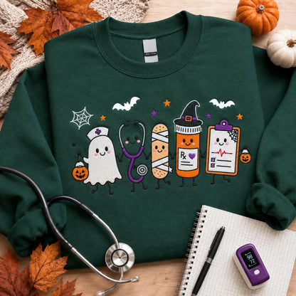 Halloween Nurse Embroidered Sweatshirt, Spooky Nurse Hoodie, Cute Ghost Nurse Shirt, RN Fall Crewneck, Embroidered Medical Gift