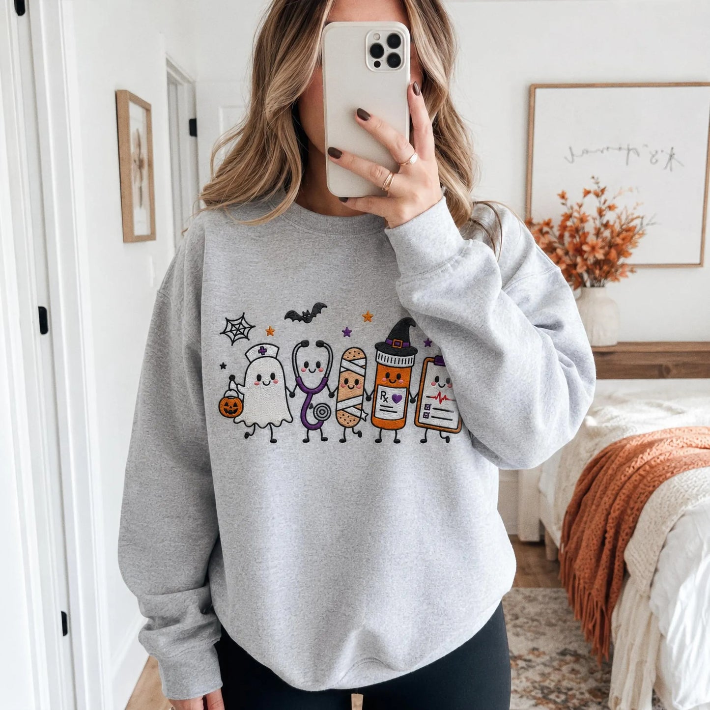 Halloween Nurse Embroidered Sweatshirt, Spooky Nurse Hoodie, Cute Ghost Nurse Shirt, RN Fall Crewneck, Embroidered Medical Gift