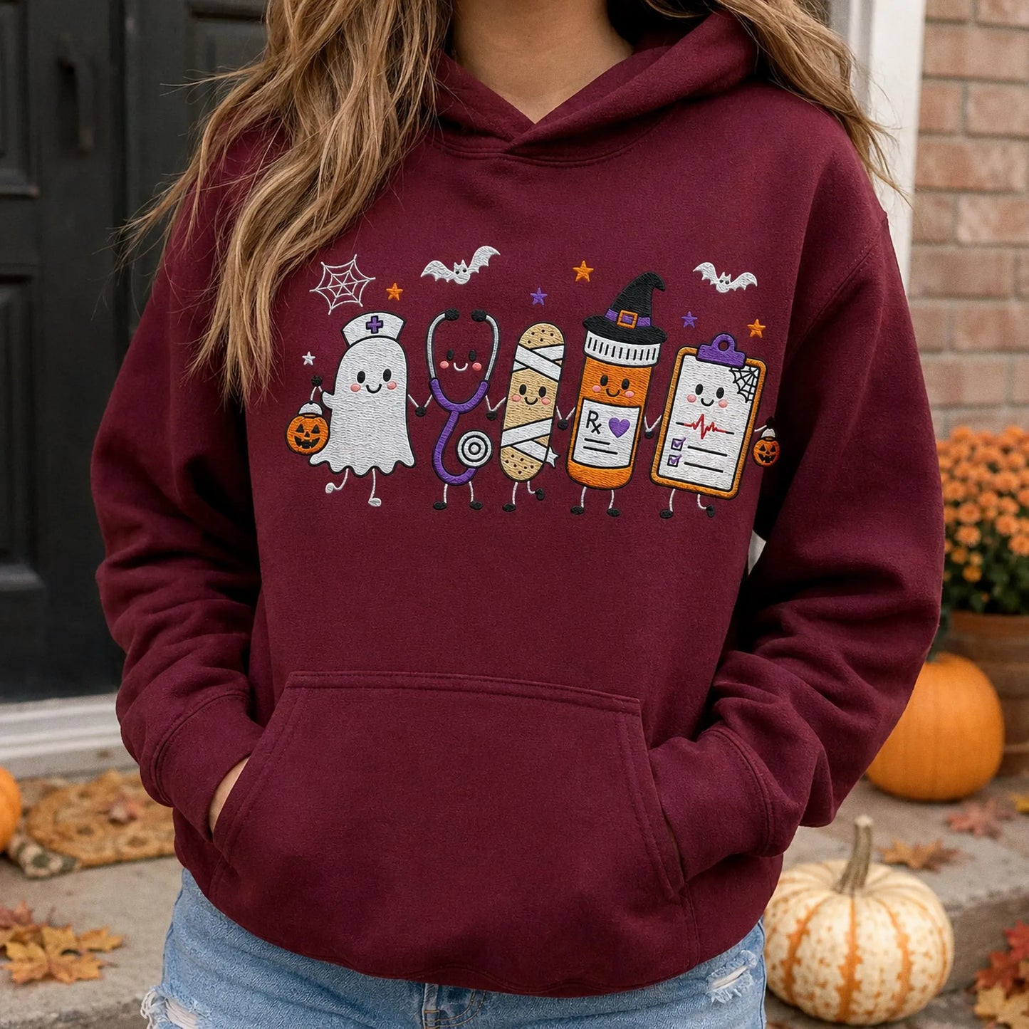 Halloween Nurse Embroidered Sweatshirt, Spooky Nurse Hoodie, Cute Ghost Nurse Shirt, RN Fall Crewneck, Embroidered Medical Gift