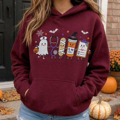 Halloween Nurse Embroidered Sweatshirt, Spooky Nurse Hoodie, Cute Ghost Nurse Shirt, RN Fall Crewneck, Embroidered Medical Gift