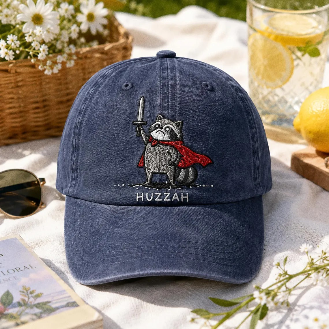 Huzzah Raccoon Hat, Embroidered Dad Cap, Funny RPG Gamer Gift, Medieval Fantasy Raccoon, Ren Faire Accessory, DnD Trash Panda Warrior Cap